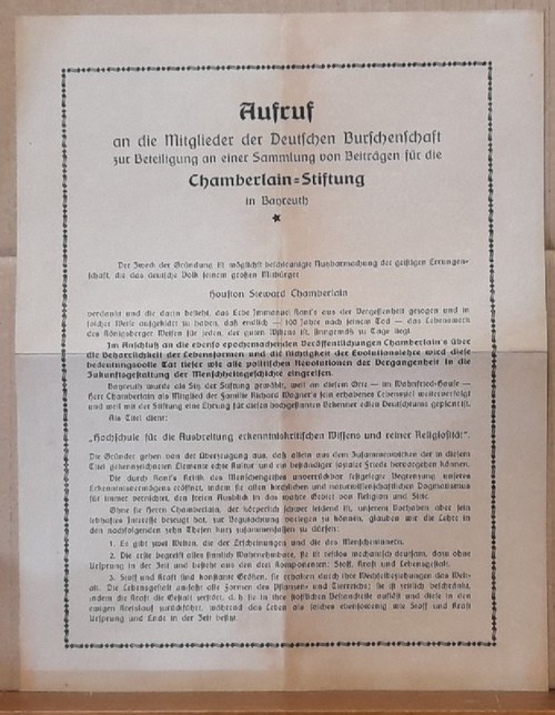   Aufruf an die Mitglieder der Deutschen Burschenschaft zur Beteiligung an einer Sammlung von Beiträgen für die Chamberlain-Stiftung in Bayreuth, 