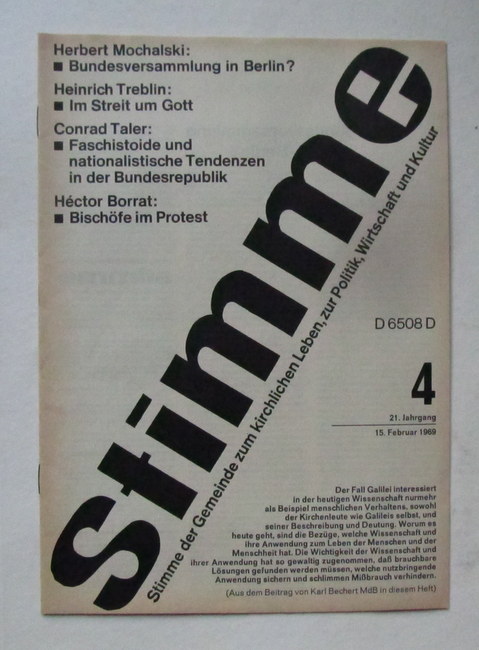 Niemöller, Martin; Herbert Mochalski und Karl Linke  STIMME 21. Jahrgang Heft 4 v. 15. Februar 1969 (Stimme der Gemeinde zum kirchlichen Leben, zur Politik, Wirtschaft und Kultur) 