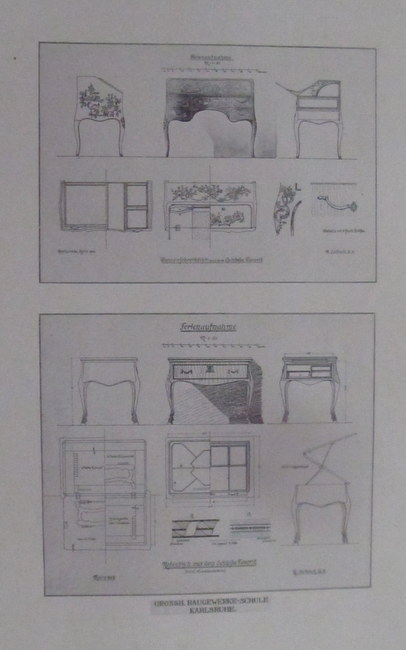 Schiek, R.  1 Blatt Architekturzeitung / Möbelzeichnung "Damenschreibtisch aus dem Schloß Favorit / Notentisch aus dem Schloß Favorite" 