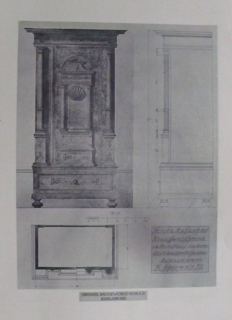 Schöpperle, K.  1 Blatt Architekturzeitung / Möbelzeichnung "Renaissance-Schrank im Privatbesitz von Herrn Otto Fikentscher in Grötzingen" 