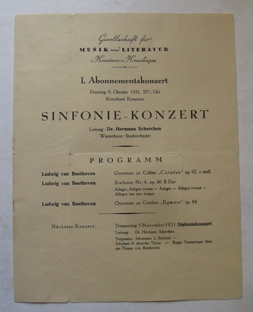 Scherchen, Hermann Dr.  Konzertprogramm: I. Abonnementskonzert (Dienstag 6. Oktober 1931 Konzilsaal Konstanz) 
