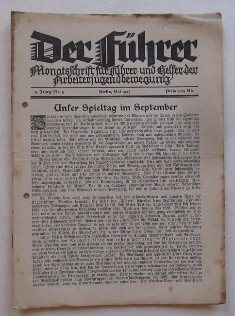 Ollenhauer, Erich (Verantw. Red.)   Der Führer (Monatsschrift für Führer und Helfer der Arbeiterjugendbewegung. 9. Jahrgang Nr. 5 Mai 1927 