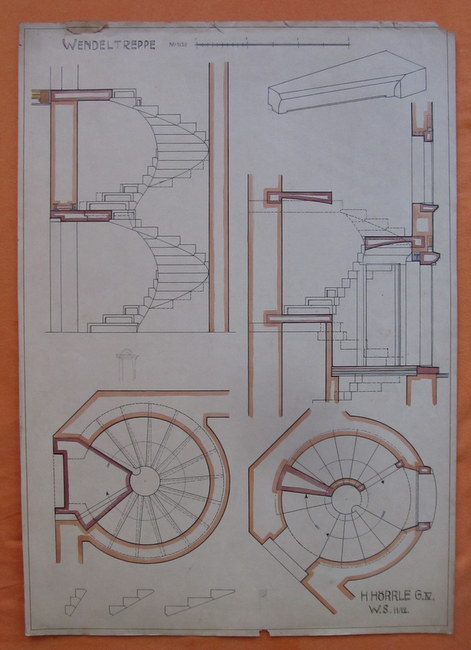 Hörrle, Heinrich  Baukonstruktionszeichnung "Wendeltreppe" (4 Detailansichten) 