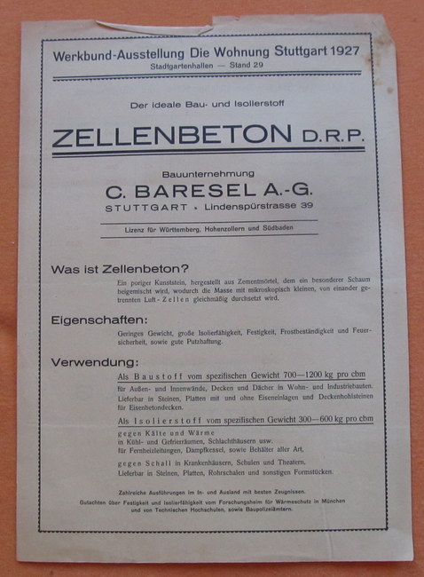 C. Baresel A.-G.  Werbeblatt der Firma C. Baresel in Stuttgart, Lindenspürstrasse 39 zur Werkbund-Ausstellung Die Wohnung Stuttgart 1927 ("Der ideale Bau- und Isolierstoff Zellenbeton D.R.P.") 