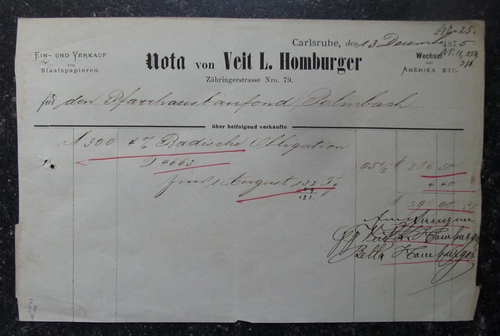 Homburger, Veit L.  Obligation / Schuldverschreibung "Nota von Veit L. Homburger, Zähringerstrasse Nro. 79 für den Pfarrhausfond Palmbach" 