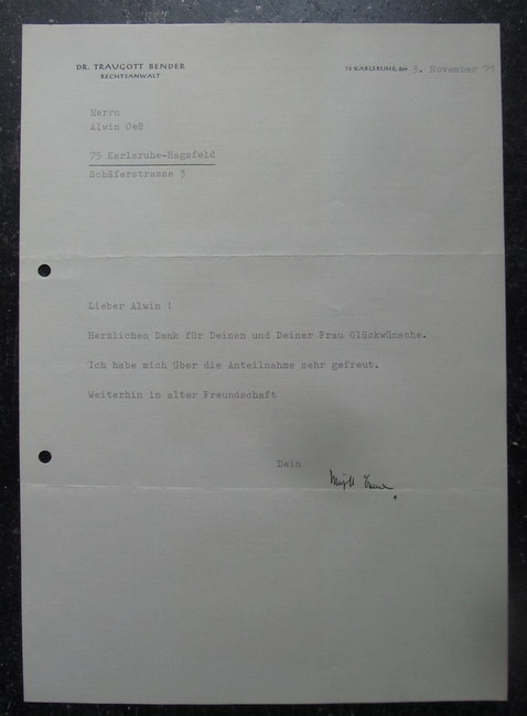 Bender, Traugott Dr.  Dankesschreiben v. Traugott Bender für Glückwünsche des Freundes Alwin Oeß (3. November 1971) 