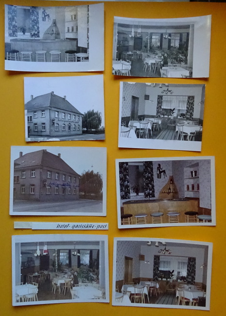 Meyer, Walter (Karlsruhe)  4 s/w und 4 Farb-Fotografien bzw. Fotoausschnitte und 4 Negative von Muggensturm (Hotel-Gaststätte Post außen und innen) 