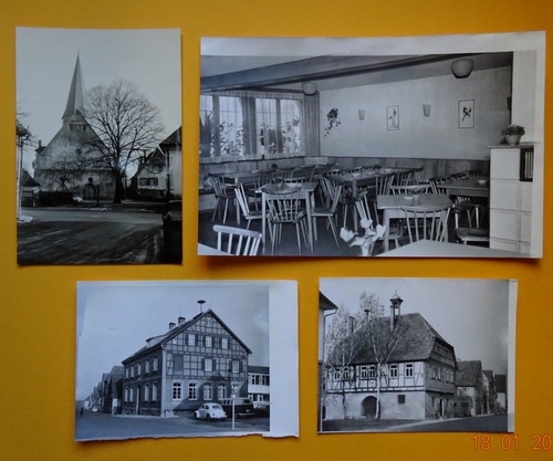 Meyer, Walter (Karlsruhe)  4 s/w Fotografien bzw. Fotoausschnitte und 3 Negative von Dürrenzimmern Kreis Heilbronn (Alte Häuser und Kirche, Gasthaus) 