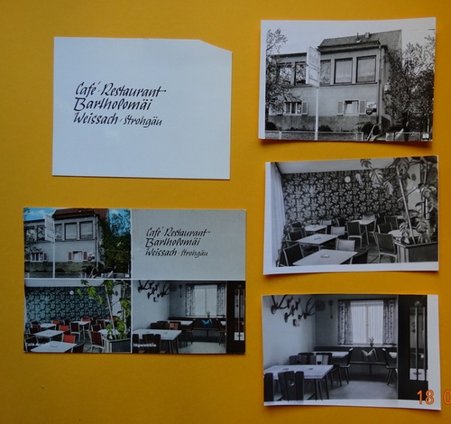 Meyer, Walter (Karlsruhe)  4 s/w Fotografien bzw. Fotoausschnitte und 4 Negative und die Orig. Fotopostkarte von Weissach / Strohgäu (Cafe-Restaurant Bartholomäi) 