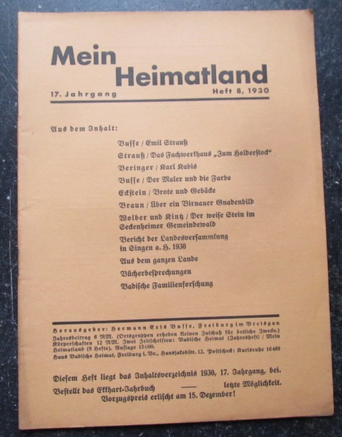 Busse (Hg.), H.E.  Mein Heimatland, Heft 8 - 1930 (Badische Blätter für Volkskunde, ländliche Wohlfahrtspflege, Familienforschung, Heimatschutz und Denkmalpflege) 
