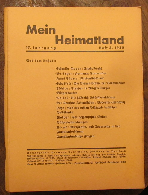 Wingenroth, Max (Hg.)  Mein Heimatland, Heft 3, 1930 (Badische Blätter für Volkskunde, ländliche Wohlfahrtspflege, Familienforschung, Heimatschutz und Denkmalpflege) 