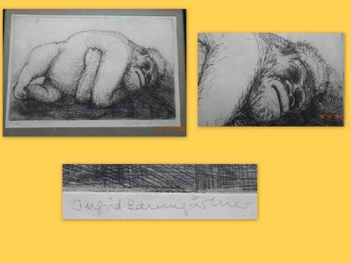 Baumgärtner, Ingrid  Radierung (e.a. Erstabdruck) (Motiv: ein schlafender Gorilla) 