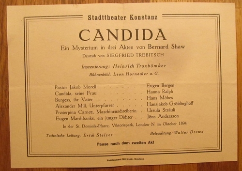 Shaw, Bernard  Candida (Ein Mysterium in drei Akten, dt. Siegfried Trebitsch; Inszenierung Heinrich Troxbömker; Bühnenbild Leon Hornecker) 
