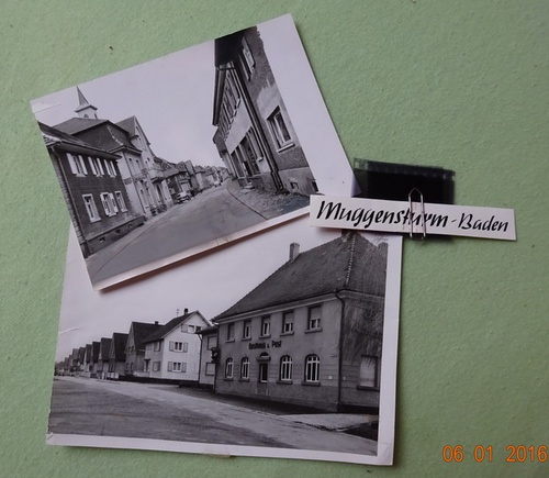 Meyer, Walter (Karlsruhe)  2 s/w Fotografien, und 3 Negative von Muggensturm v. 30.4.1963 (Hauptstraße mit Rathaus, Gasthaus zur Post) 
