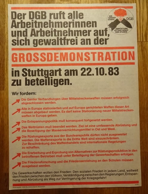DGB (Hg.)  Flugblatt "Aufruf des Deutschen Gewerkschaftsbundes (DGB) Karlsruhe zur Grossdemonstration am 22.10.83 nach Stuttgart" (Für Abrüstung) 