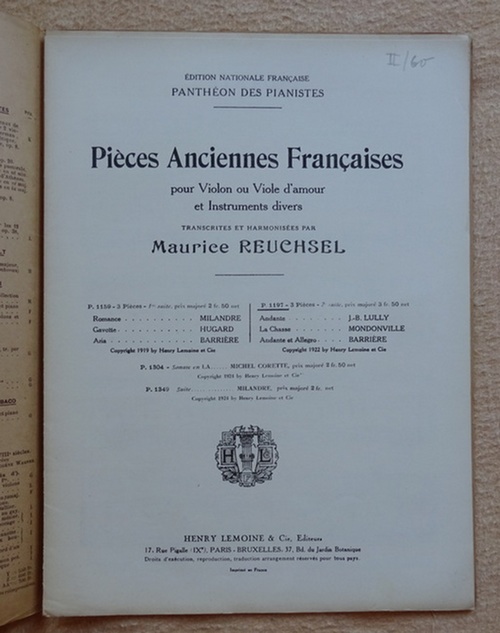 Reuchsel, Maurice  Pieces Anciennes Francaises pour Violon ou Viole d`amour et Instruments divers; Sonate (J.-B. Lully) 