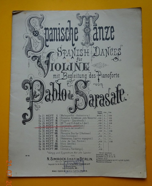Sarasate, Pablo de  Spanische Tänze für Violine mit Begleitung des Pianoforte Heft V (Serenata andaluzza) Op. 28 