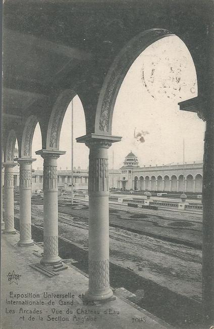 ohne Autor  Ansichtskarte "Exposition Universelle et Internationale de Gand 1913" (Les Arcades Vue du Chateau d`Eau et de la Section Anglaise) 