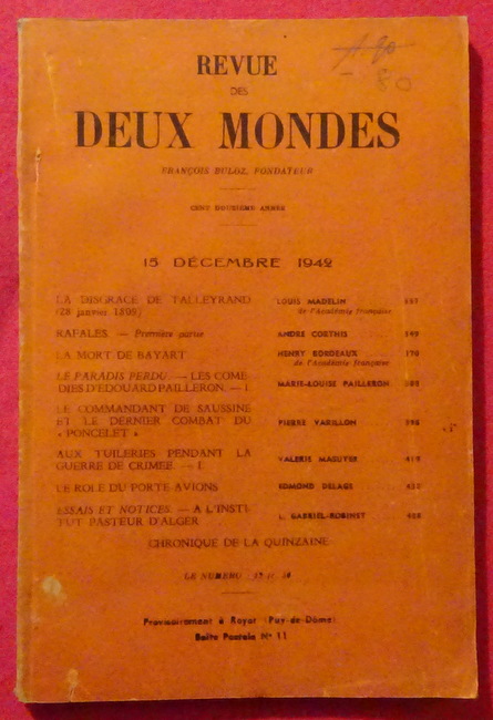 Buloz, Francois (Fondateur)  Revue des Deux Mondes 15 Decembre 1942 