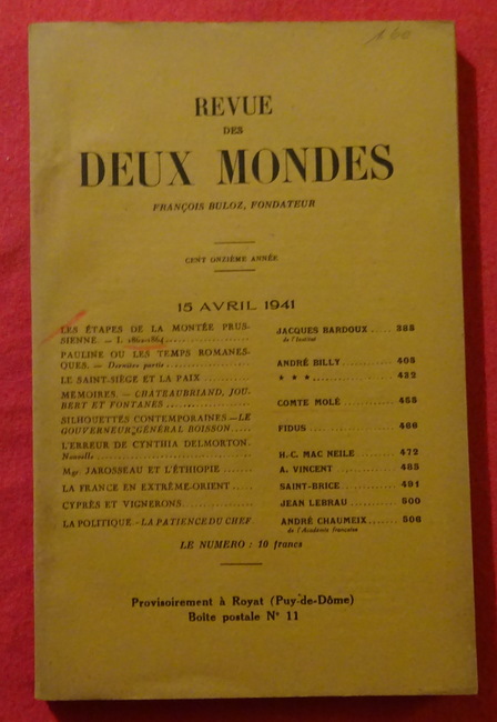 Buloz, Francois (Fondateur)  Revue des Deux Mondes 15 Avril 1941 