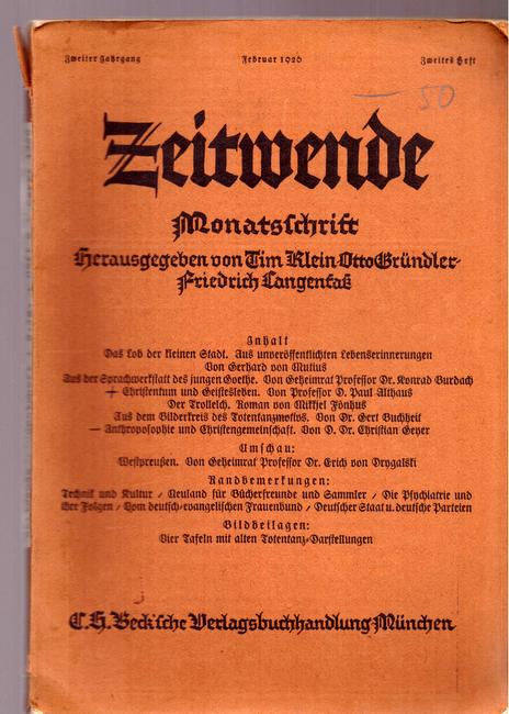 Klein, Tim; Otto Gründler und Friedrich Langenfaß  Zeitwende 2. Jg. Februar 1926, 2. Heft (Monatsschrift) 