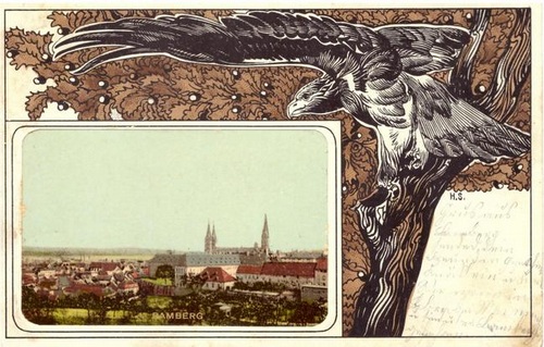   Ansichtskarte Bamberg Ortsansicht und Adlerornament v. H.S. 