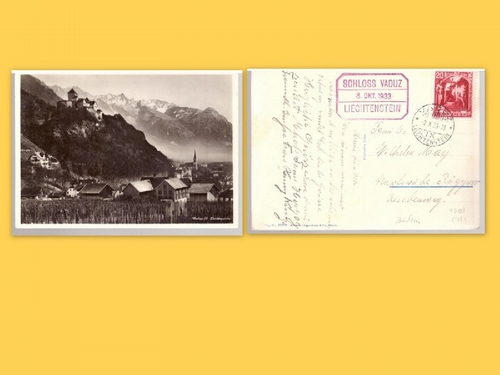   Ansichtskarte Vaduz. Liechtenstein (Teilansicht, hinten Stempel Schloss Liechtenstein 8.Oktober 1933 und Marke des Fürstentum Liechtenstein) 