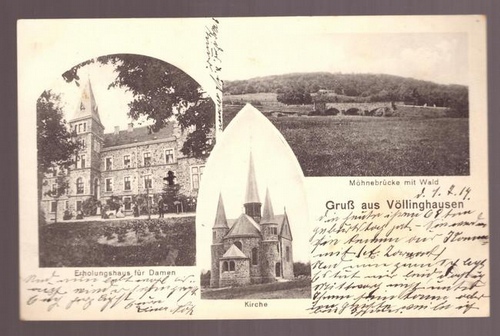   Ansichtskarte. Gruß aus Völlinghausen (3 Motive) (Erholungsheim für Damen, Möhnebrücke mit Wald, Kirche) 