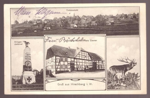   Ansichtskarte. Gruss aus Hirschberg (4 Motive) (Totalansicht, Kriegerdenkmal, Gastwirtschaft Franz Cramer, Hirsch) 