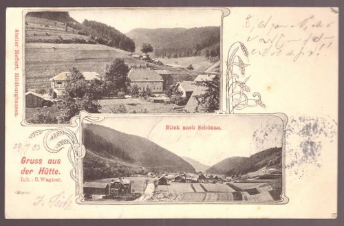   Ansichtskarte. Blick nach Schönau (2 Motive) Gruss aus der Hütte (Inh. R. Wagner) (Stempel Unterneubrunn) 