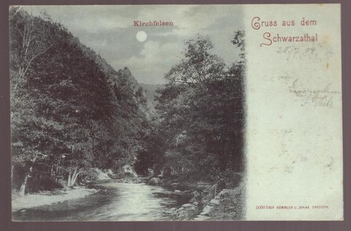   Ansichtskarte Gruss aus dem Schwarzathal. Kirchfelsen (mit Vollmond) 