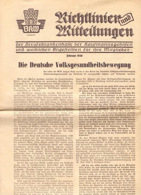 BKW Hamburg  Richtlinien und Mitteilungen der Berufskrankenkasse der Kaufmannsgehilfen u. weiblichen Angestellten... (Februar 1940) 