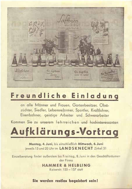Hammer & Helbling  Flugblatt für einen "Aufklärungs-Vortrag" in Karlsruhe im "Landsknecht am 6. Juni über Konservierung von Obst und Gemüse 