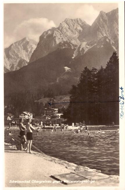  Ansichtskarte AK Schwimmbad Obergrainau gegen Wettersteingebirge 