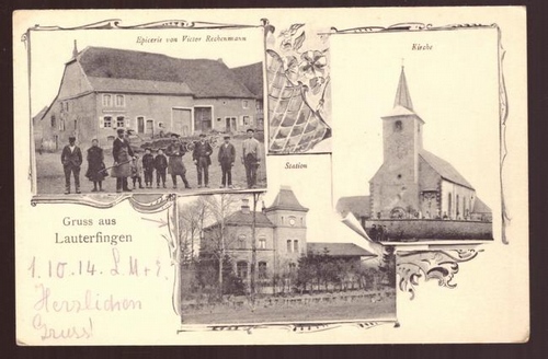   Ansichtskarte AK Gruss aus Lauterfingen (Epicerie von Victor Rechenmann, Kirche, Station) 