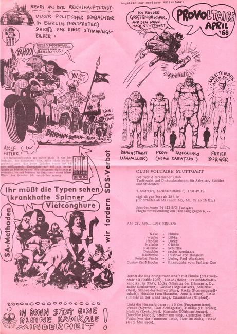 Club Voltaire Stuttgart  Flugblatt mit Aprilprogramm `68 und Text v. Stokely Carmichael, sowie politische Karikaturen 