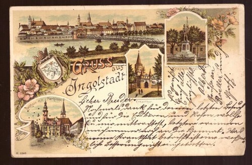   Ansichtskarte AK Gruss aus Ingoldstadt. Litho (4 Motive) (Kriegerdenkmal, Kreuzthor, Rathhaus mit Pfarrkirche, Totale) 