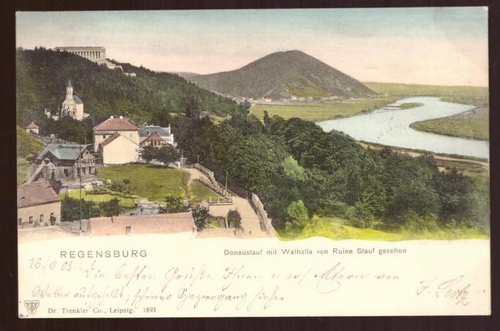   Ansichtskarte AK Regensburg. Donaustauf mit Walhalla von Ruine Stauf gesehen 