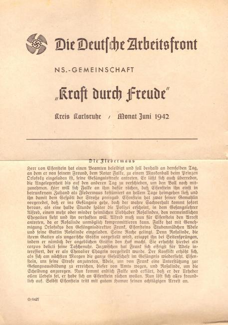 DAF  Theaterprogramm der Deutschen Arbeitsfront NSG. "Kraft durch Freude" Kreis Karlsruhe (Monat Juni 1942 - Aufführung "Die Fledermaus v. Johann Strauß) 
