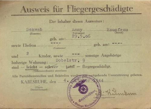 Schwab, Anny  Ausweis für Fliegergeschädigte (Anny Schwab, bisherige Wohnung Dobelstr. 9, Karlsruhe, 4. Oktober 1944) 