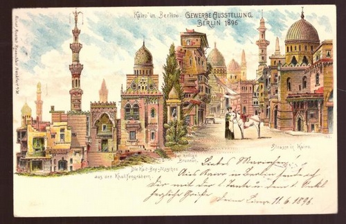   Ansichtskarte AK Berlin. Kairo in Berlin. Gewerbe-Ausstellung Berlin 1896. Farblitho (aus den Khalifengräben, Die Kait-Bey-Moschee, Der heilige Brunnen, Strasse in Kairo) 