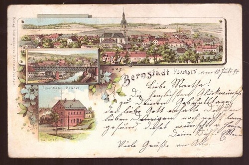   Ansichtskarte AK Gruss aus Bernstadt i. Sachsen (Litho. 3 Motive. Totalansicht, Eisenbahn-Brücke, Bahnhof) 