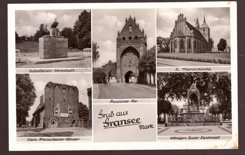   Ansichtskarte AK Gruß aus Gransee Mark (5 Motive) (Gefallenen-Ehrenhain, Ehem. Franziskaner Kloster, Ruppiner Tor, St. Marienkirche, Königin-Luise-Denkmal) 