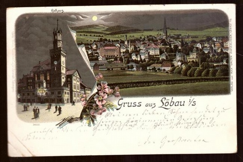   Ansichtskarte Gruss aus Löbau (Litho. Vollmond. Rathaus und Gesamtansicht) 