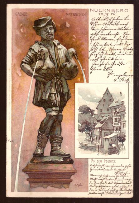   Ansichtskarte AK Nürnberg (2 Motive) (Litho. Gaensemaennchen und An der Pegnitz; Motiv von Karl Mutter) 