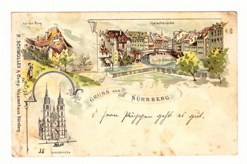   Ansichtskarte AK Gruss aus Nürnberg (3 Motive) (Litho. Auf der Burg, Fleischbrücke, Lorenzkirche) 