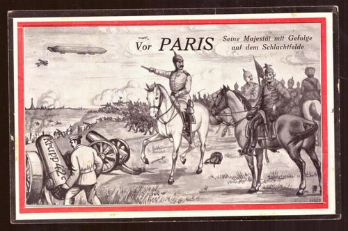   Ansichtskarte Ak Vor Paris. Seine Majestät mit Gefolge auf dem Schlachtfelde (mit Zeppelin) 