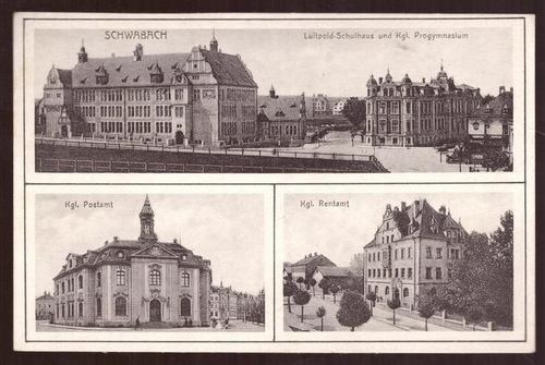   Ansichtskarte AK Schwabach. 3 Motive (Luitpold-Schulhaus und Kgl. Progymnasium, Kgl. Postamt, Kgl. Rentamt) 