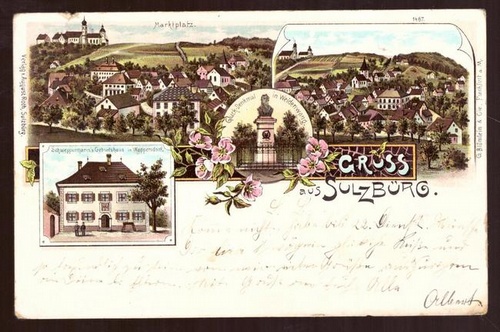   Ansichtskarte AK Gruss aus Sulzbürg (Oberpfalz) (Litho. 3 Motive. Marktplatz, Gesamt, Gluck-Denkmal in Weidenwang, Schweppermann`s Geburtshaus in Wappersdorf) 