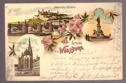   Ansichtskarte Gruß aus Würzburg. Litho. 3 Motive (Mainbrücke, Marienkirche, Luitpold-Brunnen) 